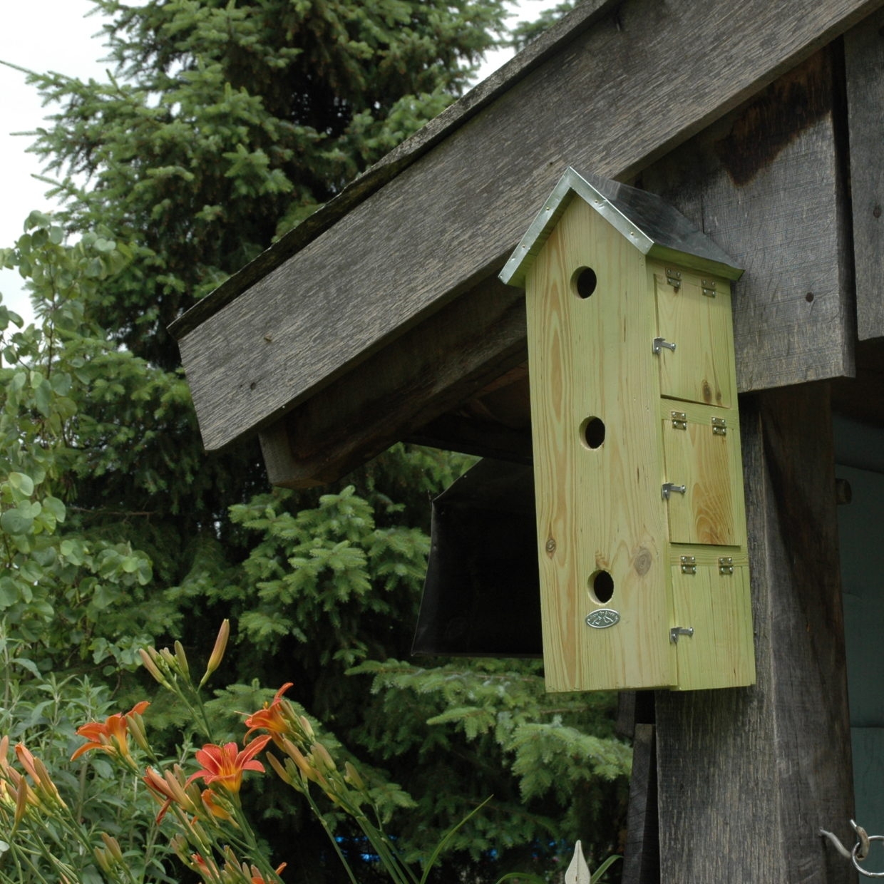 Een houten mussenflat met drie ingangen en een zinken dak, opgehangen aan een houten balk onder een afdak.