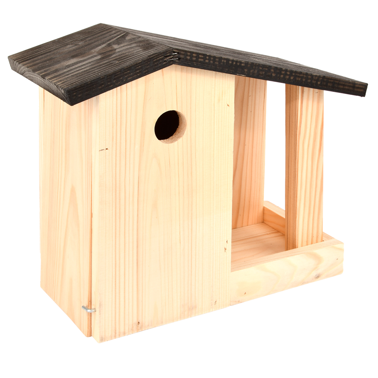 Een houten vogelhuisje met een donker dak en een geïntegreerde voedertafel, geschikt voor pimpelmezen, ringmussen en huismussen.